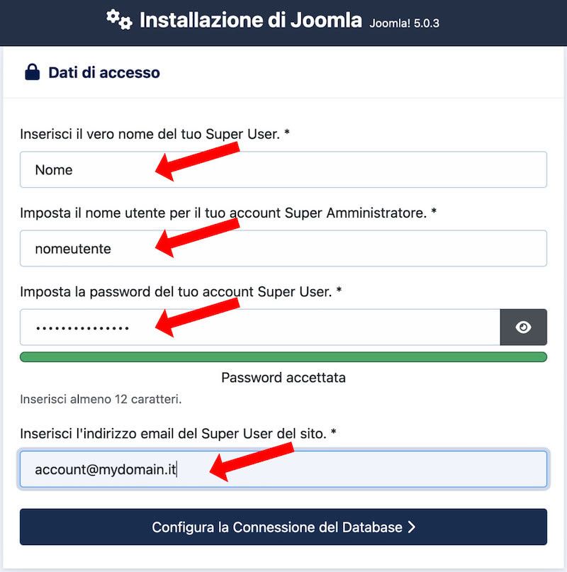 installazione di Joomla!® 5 dati di accesso