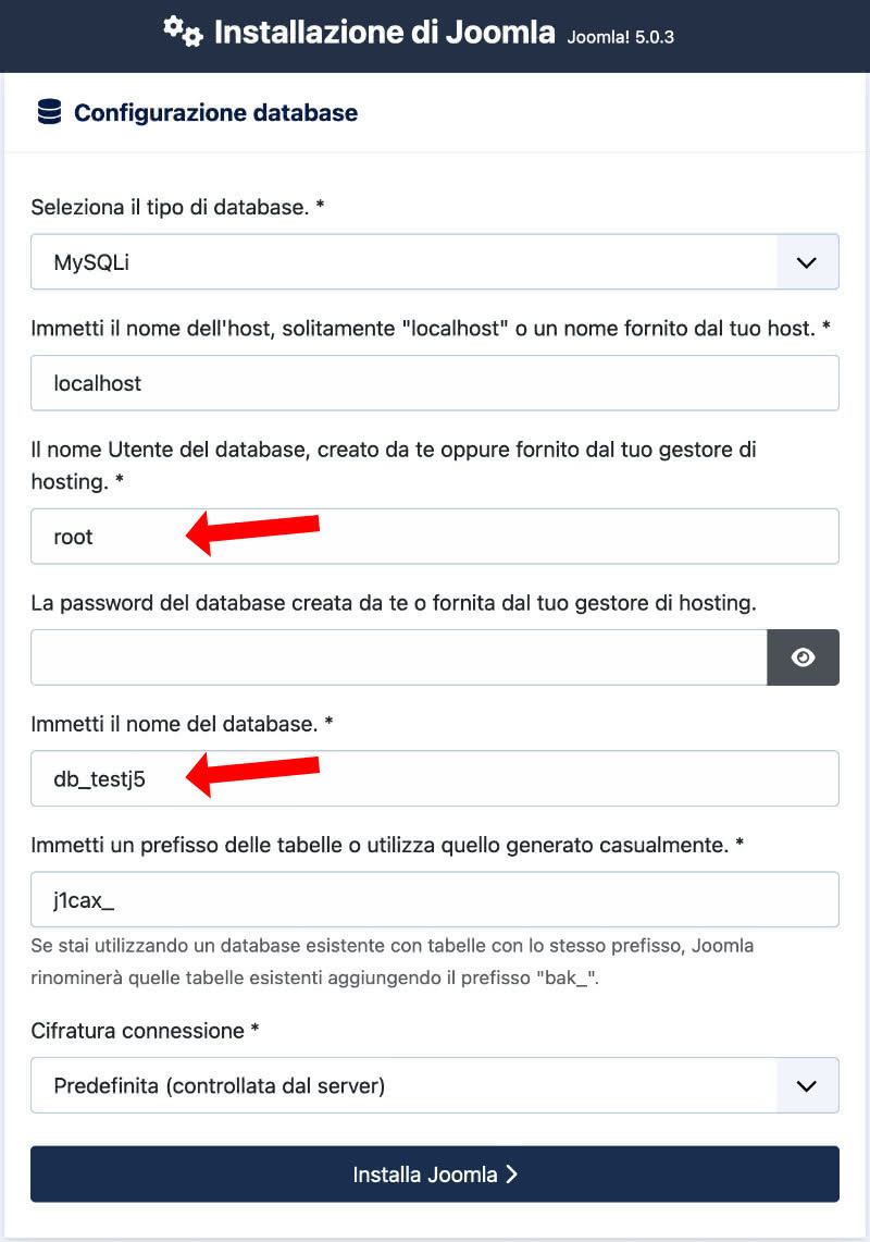 installazione di Joomla!® 5 configurazione database