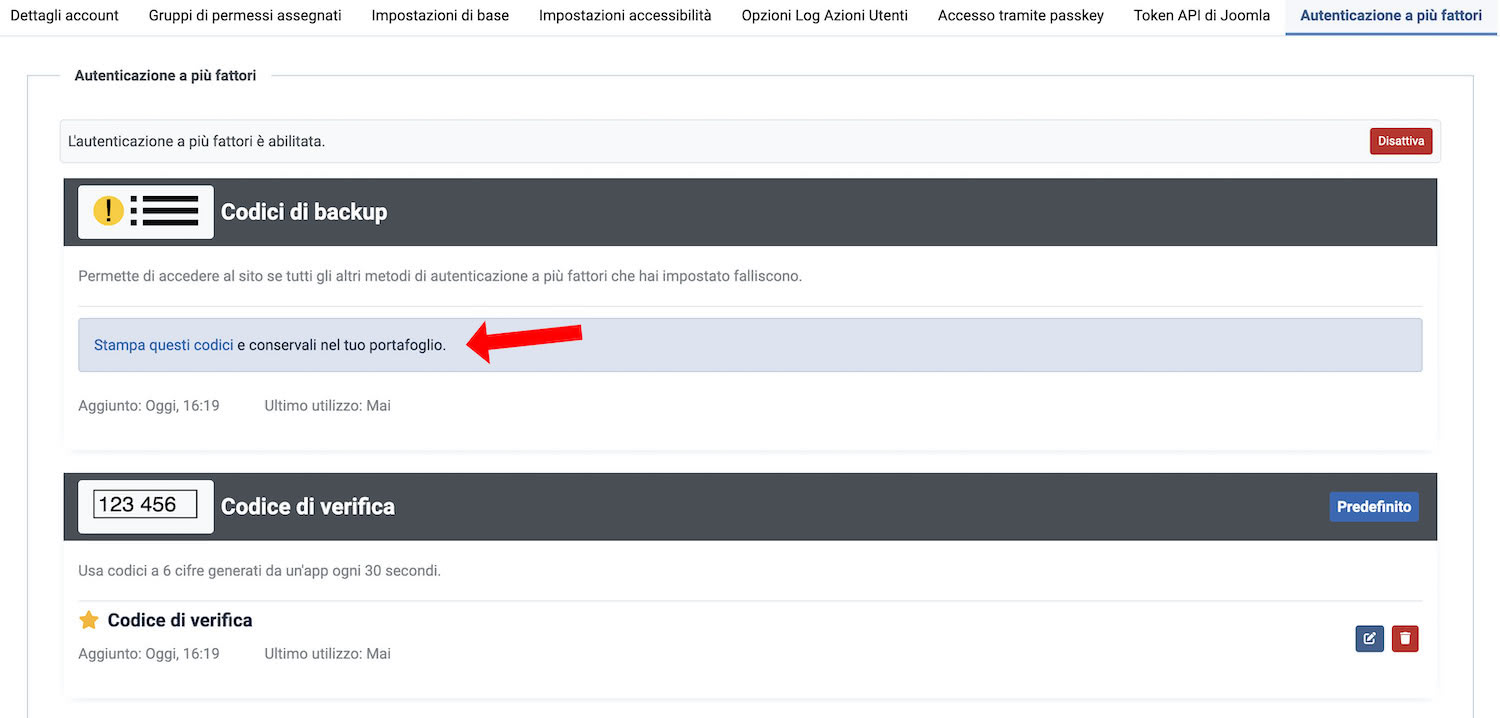 stampare codici di backup