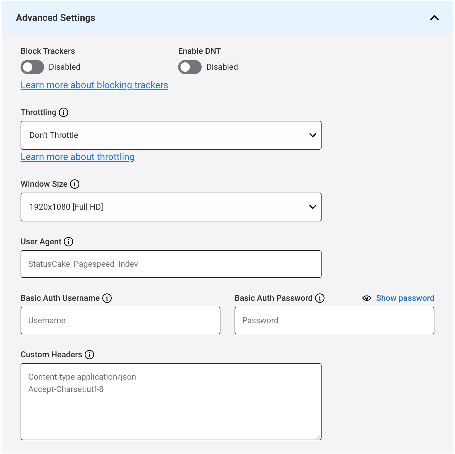 Test Page Speed - Advanced Stettings