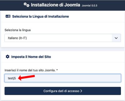 installazione di Joomla!® 5 lingua e nome sito