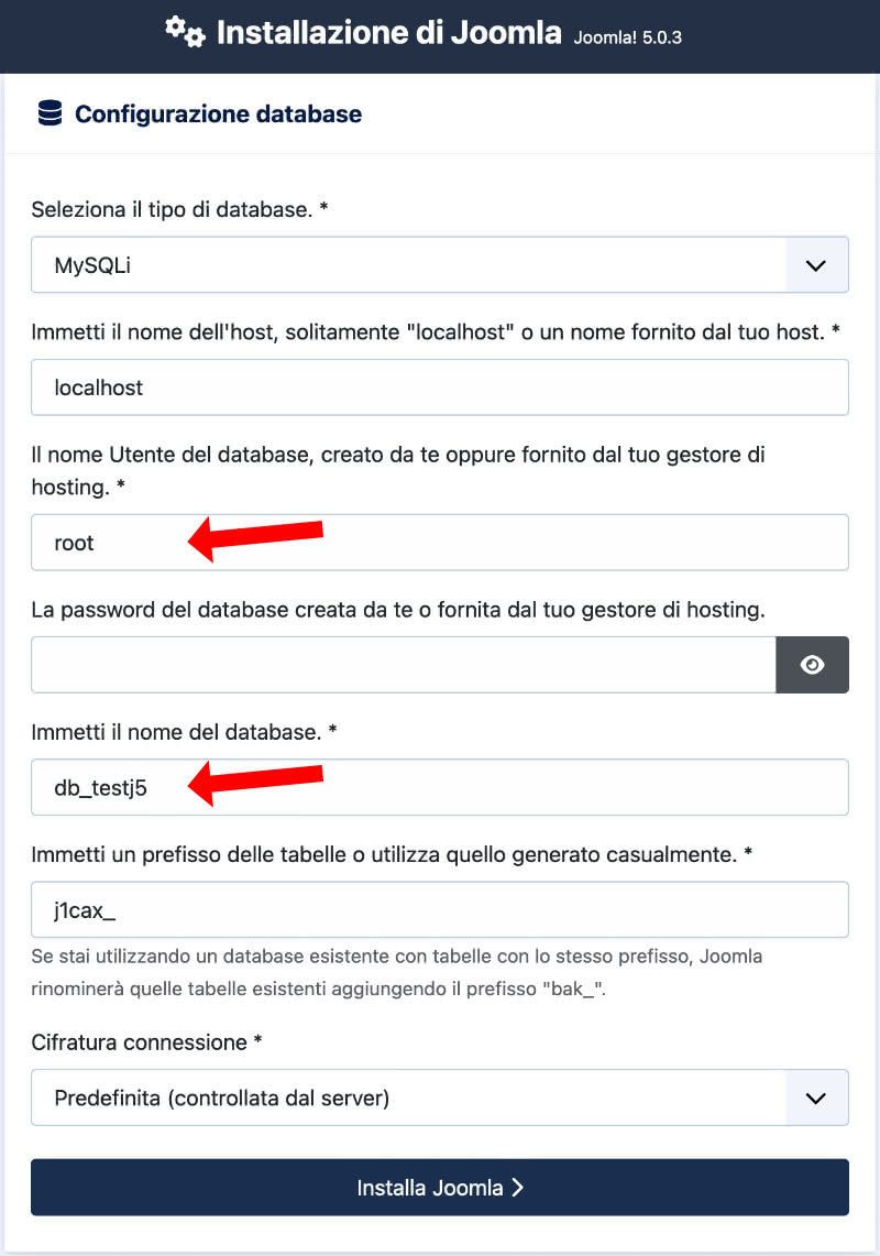 installazione di Joomla!® 5 configurazione database