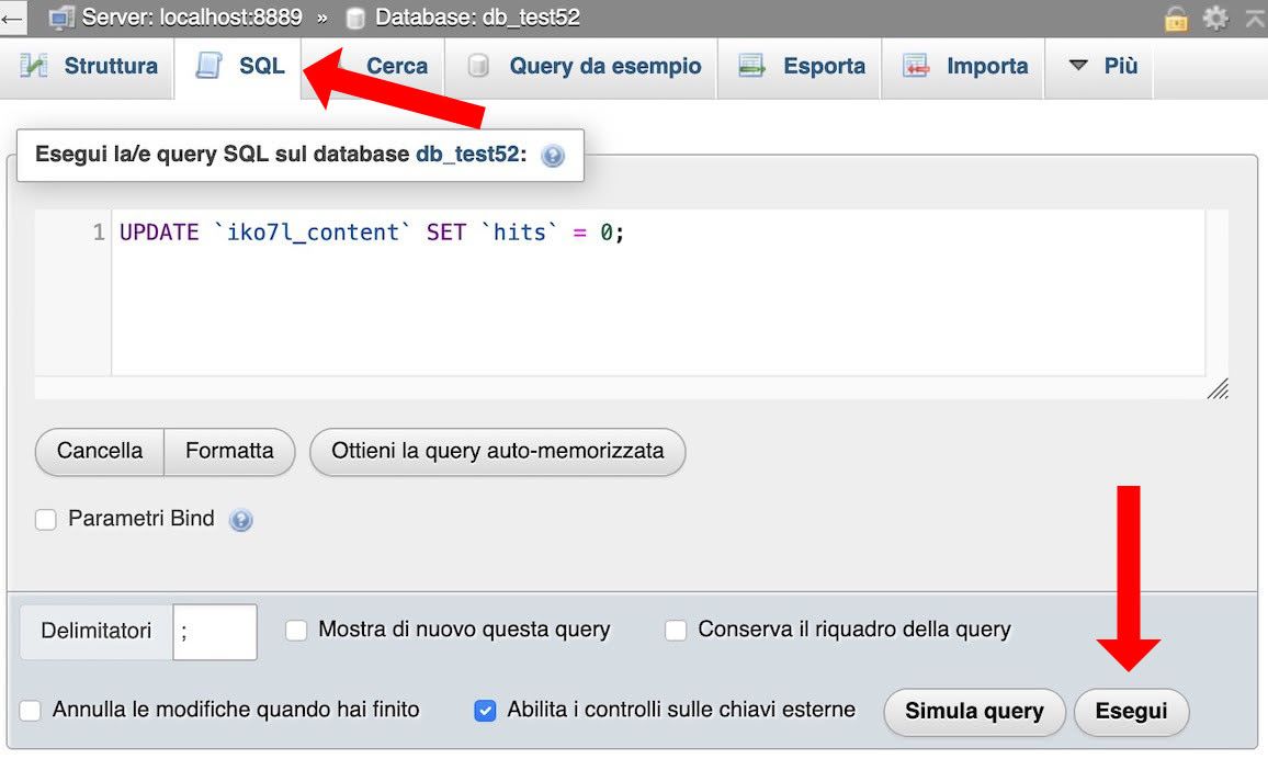 query SQL per azzerare conteggio visite in tutti gli articoli